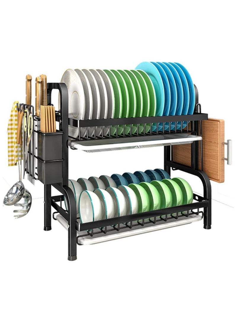 كيمايا رف تجفيف الأطباق من طبقتين مع حامل أدوات المائدة ولوح التقطيع، منظم مطبخ كبير السعة مع صينية تصريف، مصنوع من الفولاذ المقاوم للصدأ (أسود) - Image 1