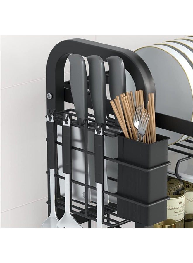 كيمايا رف تجفيف الأطباق من طبقتين مع حامل أدوات المائدة ولوح التقطيع، منظم مطبخ كبير السعة مع صينية تصريف، مصنوع من الفولاذ المقاوم للصدأ (أسود) - Image 4