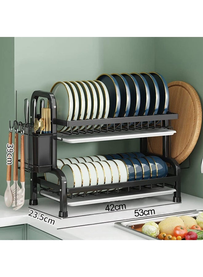 كيمايا رف تجفيف الأطباق من طبقتين مع حامل أدوات المائدة ولوح التقطيع، منظم مطبخ كبير السعة مع صينية تصريف، مصنوع من الفولاذ المقاوم للصدأ (أسود) - Image 3