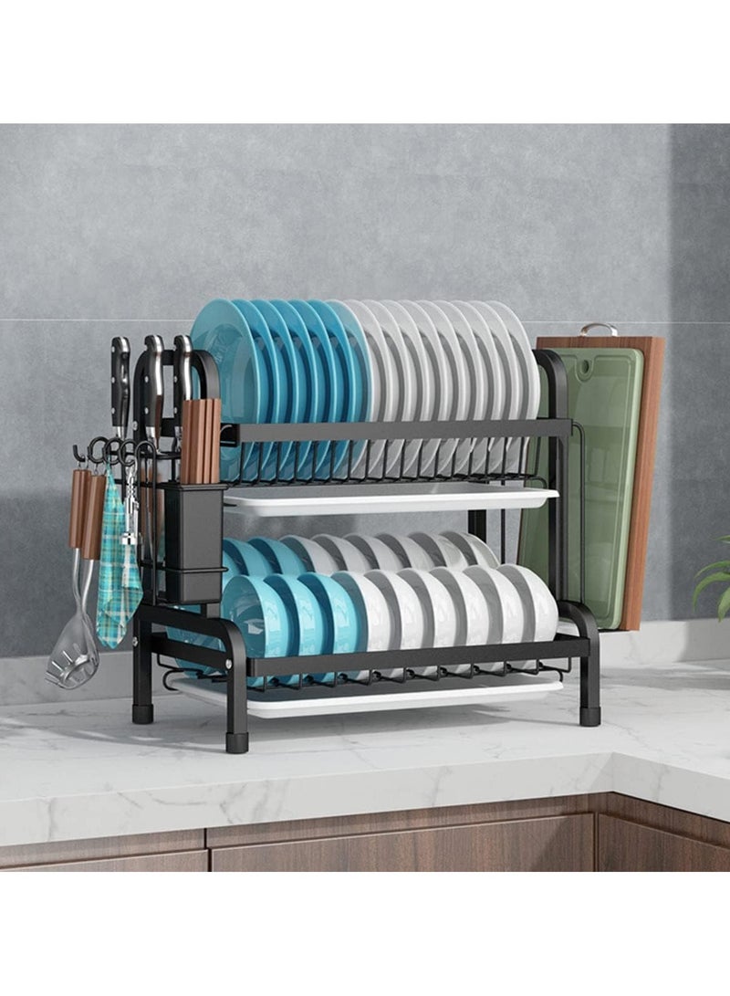 كيمايا رف تجفيف الأطباق من طبقتين مع حامل أدوات المائدة ولوح التقطيع، منظم مطبخ كبير السعة مع صينية تصريف، مصنوع من الفولاذ المقاوم للصدأ (أسود) - Image 2