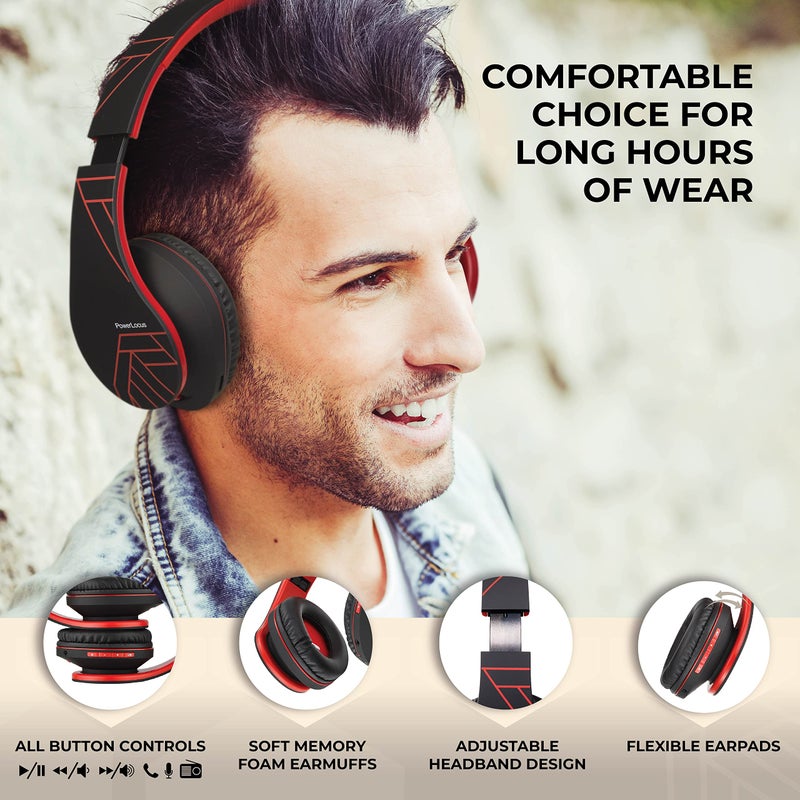 PowerLocus Bluetooth Over-Ear Headphones, Wireless Stereo Foldable Headphones Wireless and Wired Headsets with Built-in Mic, Micro SD/TF, FM for iPhone/Samsung/iPad/PC (Black/Red) - Image 2