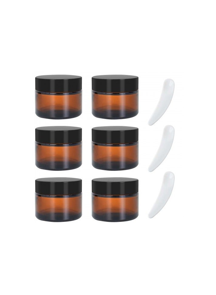 6 Pack 50ml Amber Glass Cream Jars with Lids and Spatulas – Refillable Cosmetic Containers for Skincare, Lotion, Face Creams, Travel Storage - Image 1