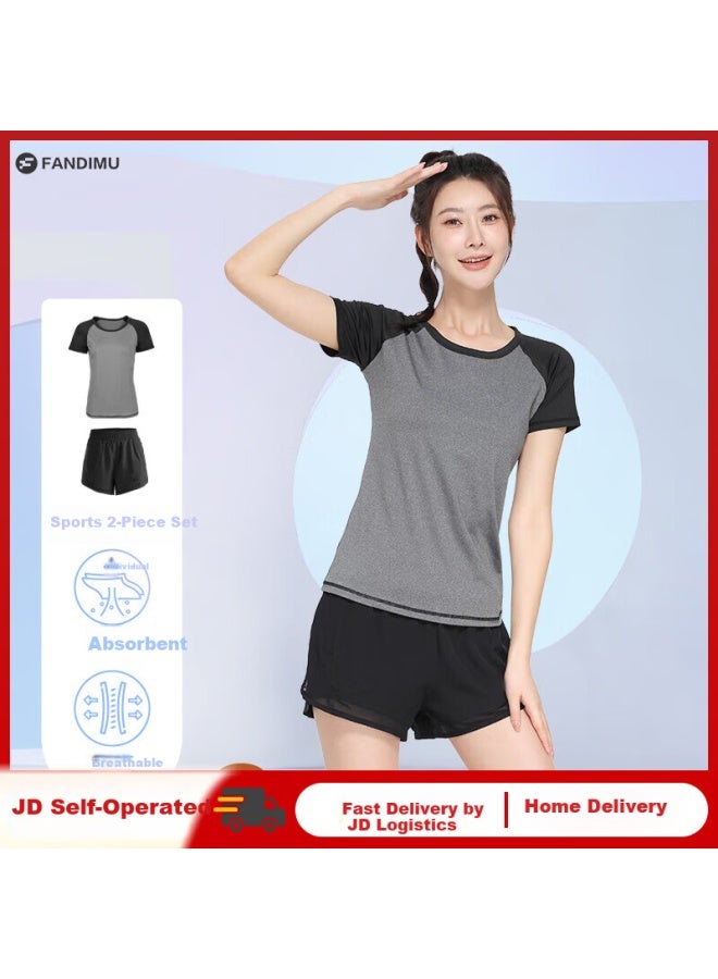 Fandimu Women's Sports Set, Yoga Training Outfit, Running Anti-exposure Fake Two-piece, High-elasticity Breathable Short-sleeve Shorts Fitness Wear - Image 1
