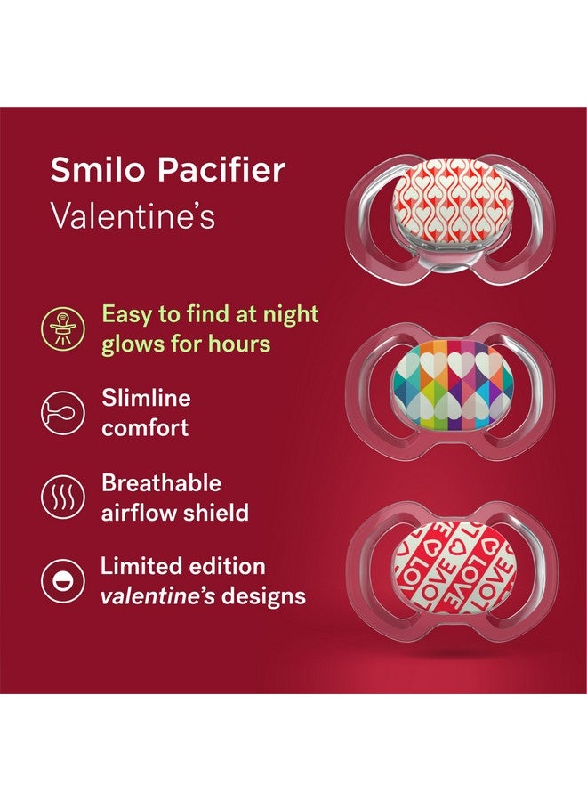 سمايلو لهاية سميلو بيبي - عبوة من 3 لهايات رفيعة للأطفال - المرحلة 3 للأطفال من عمر 9 أشهر فما فوق - لهاية مصنوعة من السيليكون بنسبة 100% وخالية من مادة BPA - تتوهج في الظلام - إصدار عيد الحب - Image 2