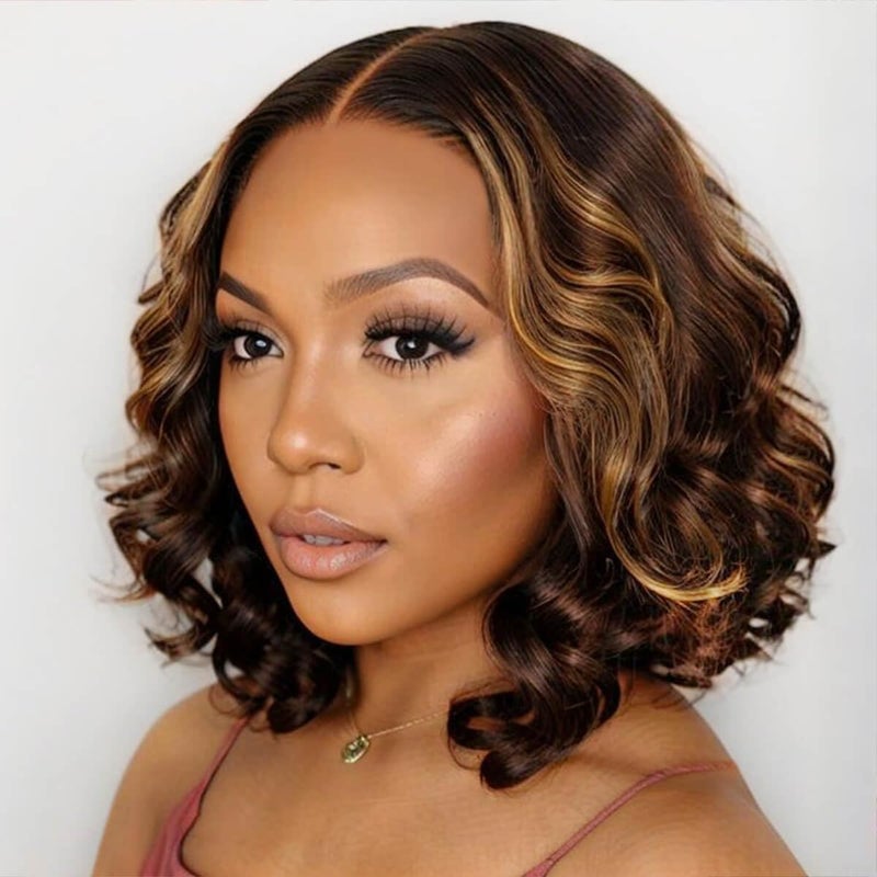 ISEE Wear Go Glueless Wigs Human Hair Pre Plucked Pre Cut Short Bob Body Wave Lace Front Wigs Human Hair for Women Upgraded Glueless Bob Wig 7x5 HD Lace Closure Wigs (Highlight Ombre, 12 Inch) - Image 1