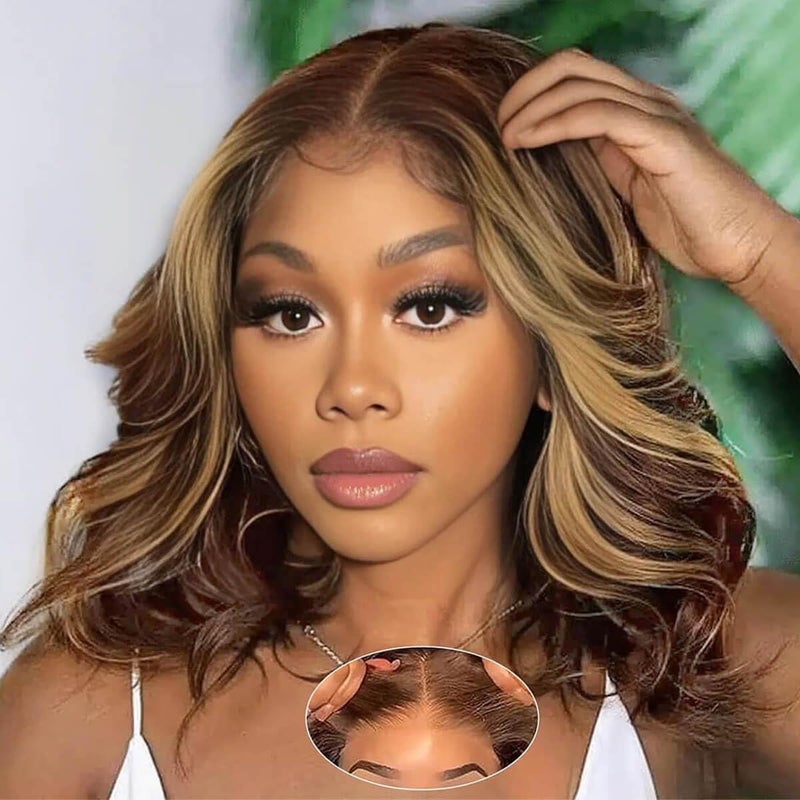 ISEE Wear Go Glueless Wigs Human Hair Pre Plucked Pre Cut Short Bob Body Wave Lace Front Wigs Human Hair for Women Upgraded Glueless Bob Wig 7x5 HD Lace Closure Wigs (Highlight Ombre, 12 Inch) - Image 5