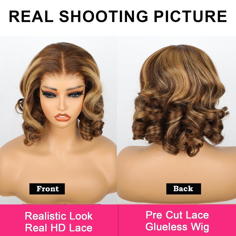 ISEE Wear Go Glueless Wigs Human Hair Pre Plucked Pre Cut Short Bob Body Wave Lace Front Wigs Human Hair for Women Upgraded Glueless Bob Wig 7x5 HD Lace Closure Wigs (Highlight Ombre, 12 Inch) - Image 3