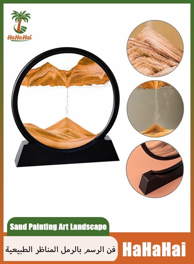 هاهاهاي رمل متحرك مقاس 7 بوصة، صورة فنية ثلاثية الأبعاد للساعة الرملية، إطار دائري مناظر طبيعية لرمال البحر العميق، منظر طبيعي للحركة، رسم رملي متدفق للاسترخاء على سطح المكتب ديكور المنزل والمكتب - Image 1