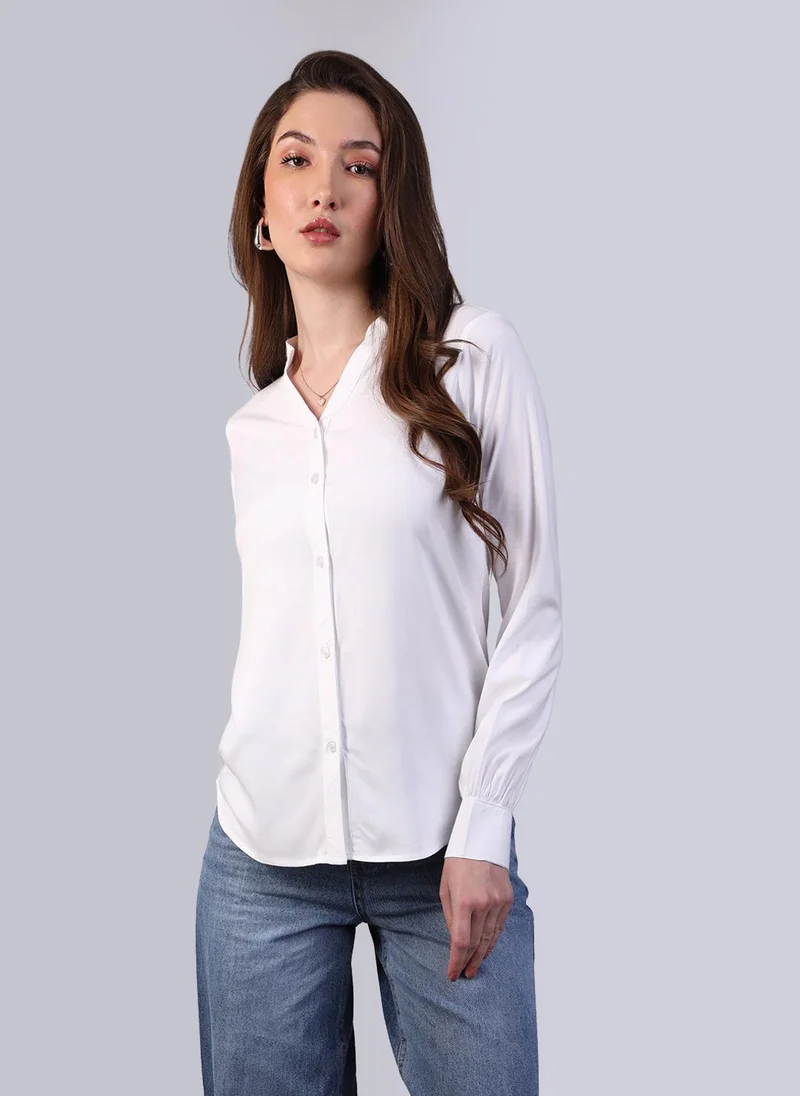 Urbano Fashion Women's White Modal Viscose Full Sleeve Regular Fit Casual Solid Shirt with Mandarin Collar