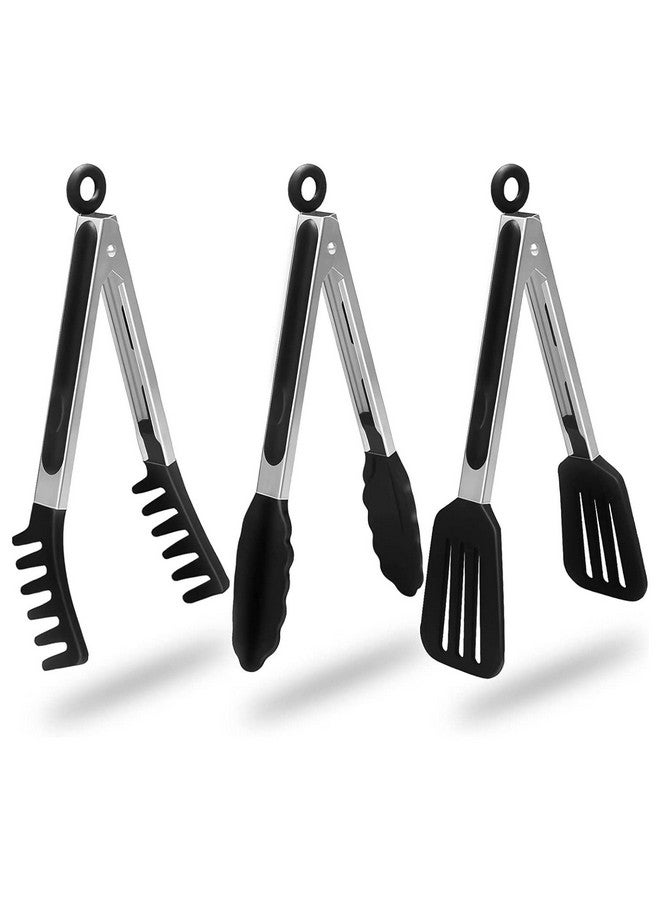 PLENARO Set of 3 Stainless Steel Food Tongs with Silicone Tips, 3 Types Heavy Duty Non-Stick Clamp Clip for Kitchen BBQ Cooking Grilling Buffet Noodles Salad Steak (Black) - Image 1