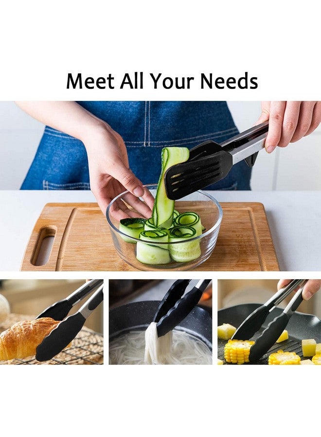 PLENARO Set of 3 Stainless Steel Food Tongs with Silicone Tips, 3 Types Heavy Duty Non-Stick Clamp Clip for Kitchen BBQ Cooking Grilling Buffet Noodles Salad Steak (Black) - Image 2