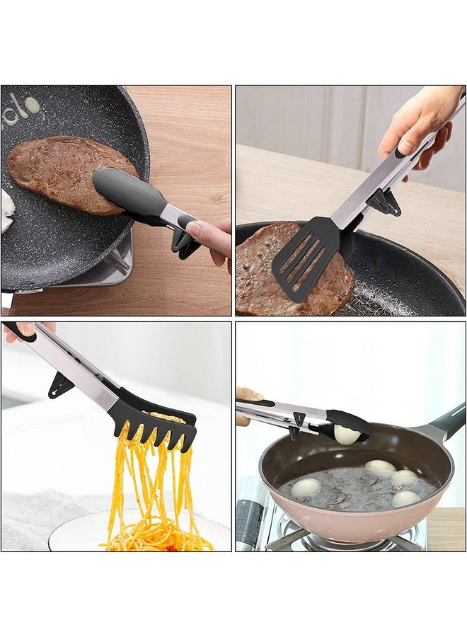 PLENARO Set of 3 Stainless Steel Food Tongs with Silicone Tips, 3 Types Heavy Duty Non-Stick Clamp Clip for Kitchen BBQ Cooking Grilling Buffet Noodles Salad Steak (Black) - Image 4