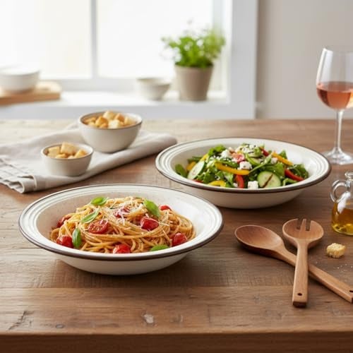 Beyond Homes Ceramic Pasta Plates Shallow, 18cm, Set of 2, White Brown | Matte Finish Ceramic Pasta Bowl | Flat Stoneware Pasta and Maggie Bowl | Chip-Resistant | Microwave Safe; (2, White Brown Rim) - Image 3