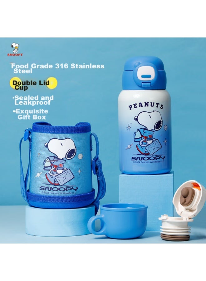 Snoopy Children's Insulated Cup With Straw, Dual-use For Pouring Water, Student Water Bottle, 316 Stainless Steel With Cup Sleeve, Water Bottle Cup 500ml Blue - Image 1