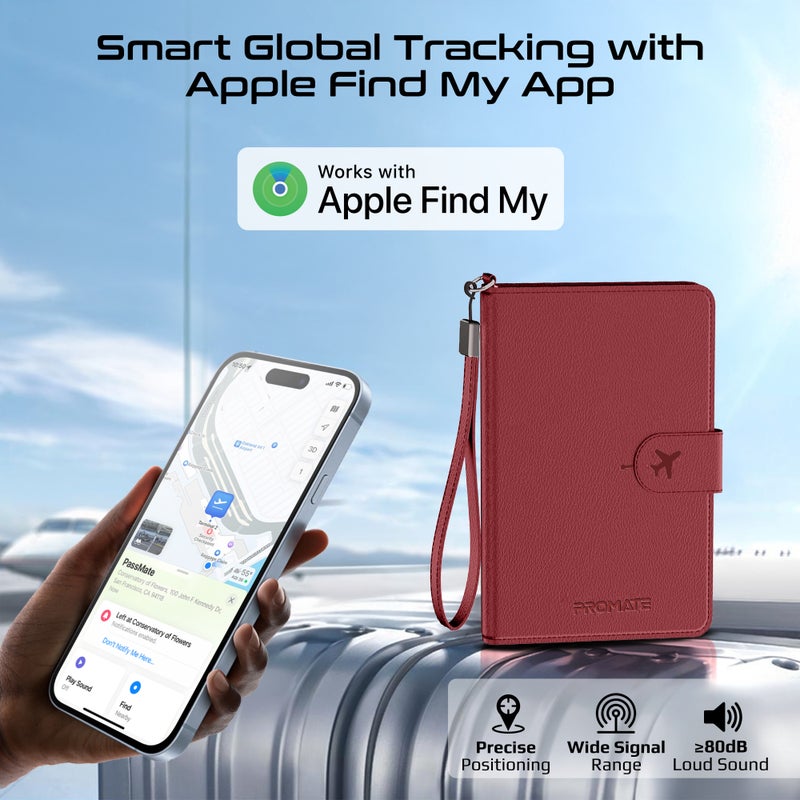 Promate PassMate Smart Leather Passport Holder with RFID Protection, Apple Find My Global Tracker, Wireless Charging, 6-Month Battery, Waterproof Anti-Loss Travel Wallet Organizer Burgundy - Image 2