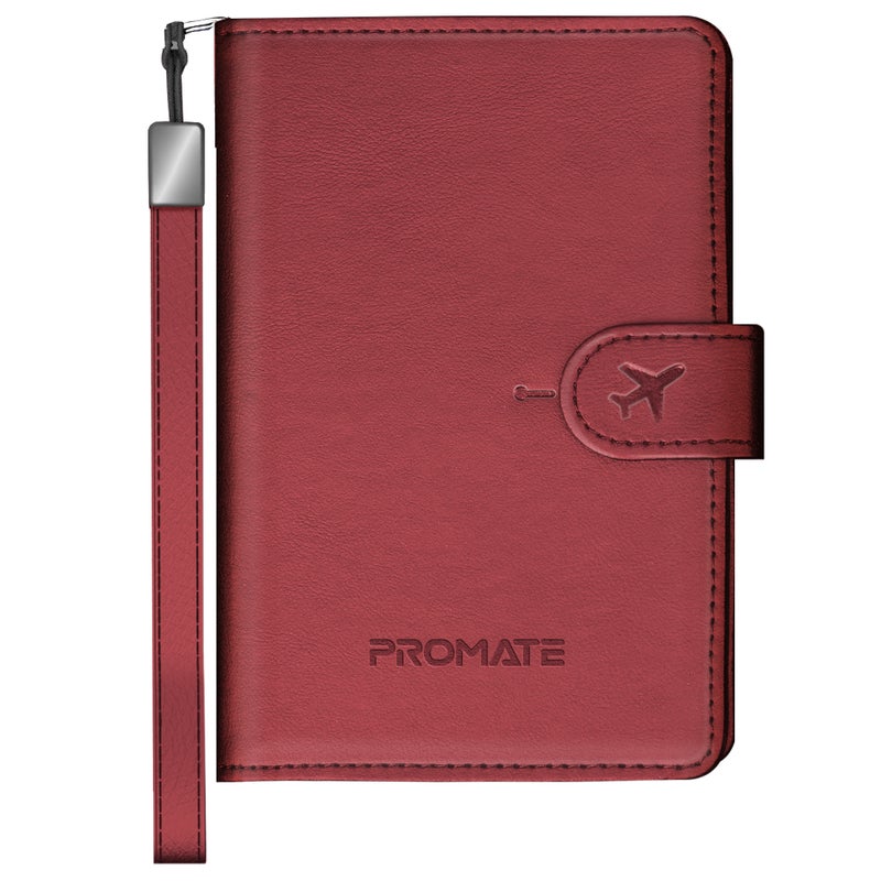 Promate PassMate Smart Leather Passport Holder with RFID Protection, Apple Find My Global Tracker, Wireless Charging, 6-Month Battery, Waterproof Anti-Loss Travel Wallet Organizer Burgundy - Image 1
