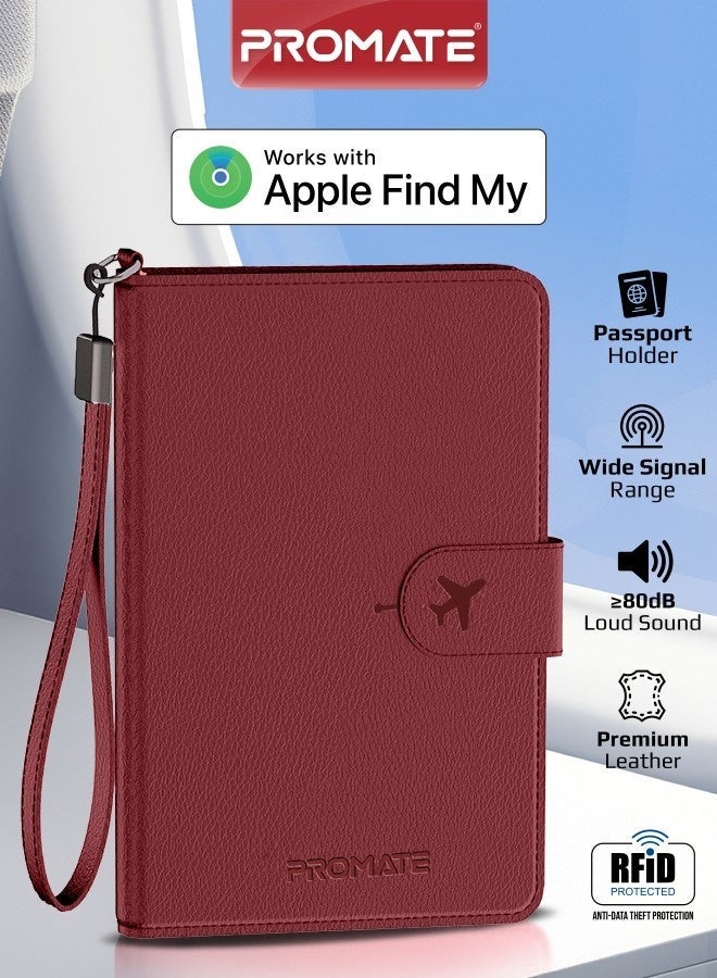 Promate PassMate Smart Leather Passport Holder with RFID Protection, Apple Find My Global Tracker, Wireless Charging, 6-Month Battery, Waterproof Anti-Loss Travel Wallet Organizer Burgundy - Image 1
