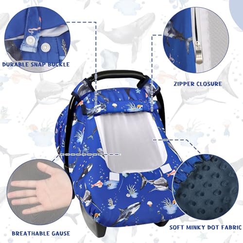 Pea Pod Car Seat Cover Baby Infant Car Seat Canopy Covers for Newborn with 2 Layers Windows of Breathable Mesh Fabric Lightweight PolyesterSoft Minky Dot Backing Ocean - Image 3