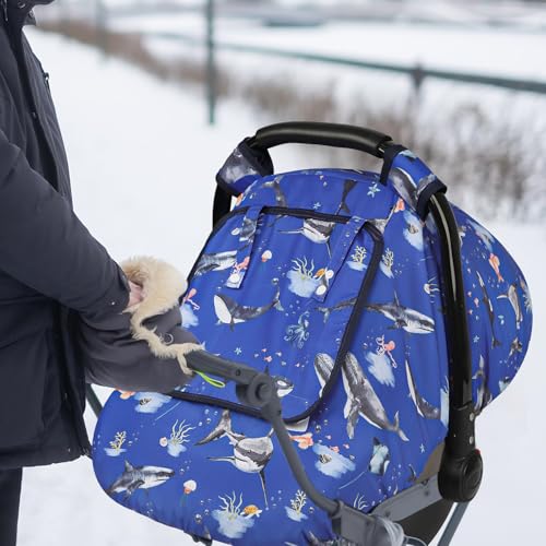 Pea Pod Car Seat Cover Baby Infant Car Seat Canopy Covers for Newborn with 2 Layers Windows of Breathable Mesh Fabric Lightweight PolyesterSoft Minky Dot Backing Ocean - Image 1