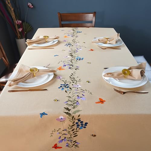 RUSTIQUE LINENS 100% Cotton | Premium Embroidered Tablecloth | 150 cm x 150 cm|Small Dining Table Cover for 4 Seater – Elegant & Washable-Summer Bloom - Image 3
