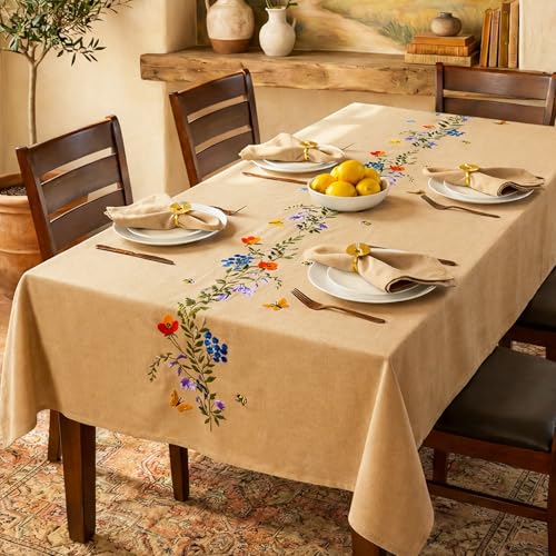 RUSTIQUE LINENS 100% Cotton | Premium Embroidered Tablecloth | 150 cm x 150 cm|Small Dining Table Cover for 4 Seater – Elegant & Washable-Summer Bloom - Image 1