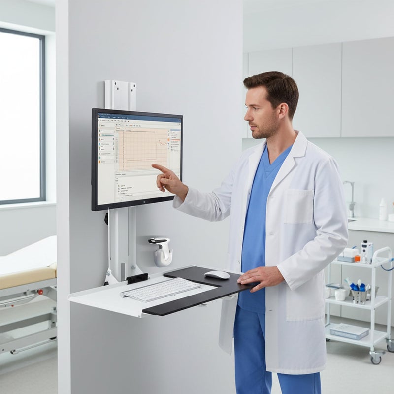 Mount Plus MED01 Medical Monitor and Keyboard Wall Mount For 17" to 32" Display with Height Adjustable Standing Keyboard Tray | Wide Platform with Mouse Pad | Wall Mount Scanner Holder - Image 3