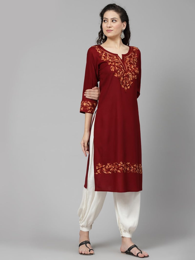 QAZMI Women's Aabidah Kashmiri A-line Viscose Rayon Kurta Maroon - Image 2