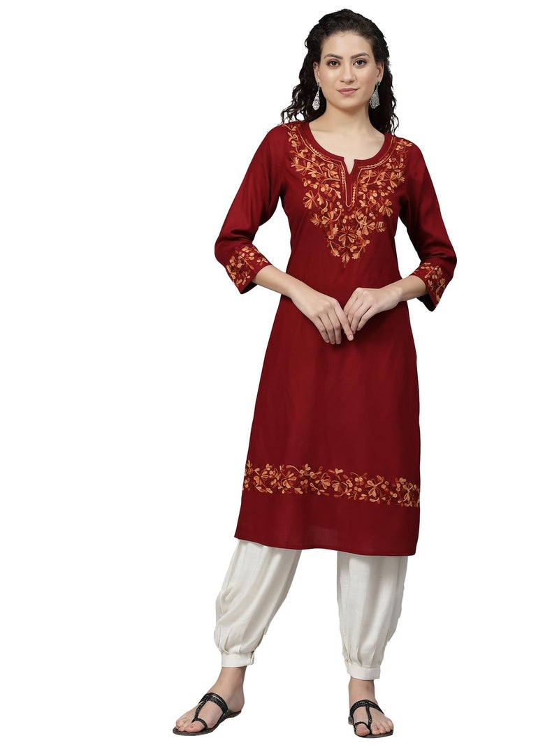 QAZMI Women's Aabidah Kashmiri A-line Viscose Rayon Kurta Maroon - Image 1