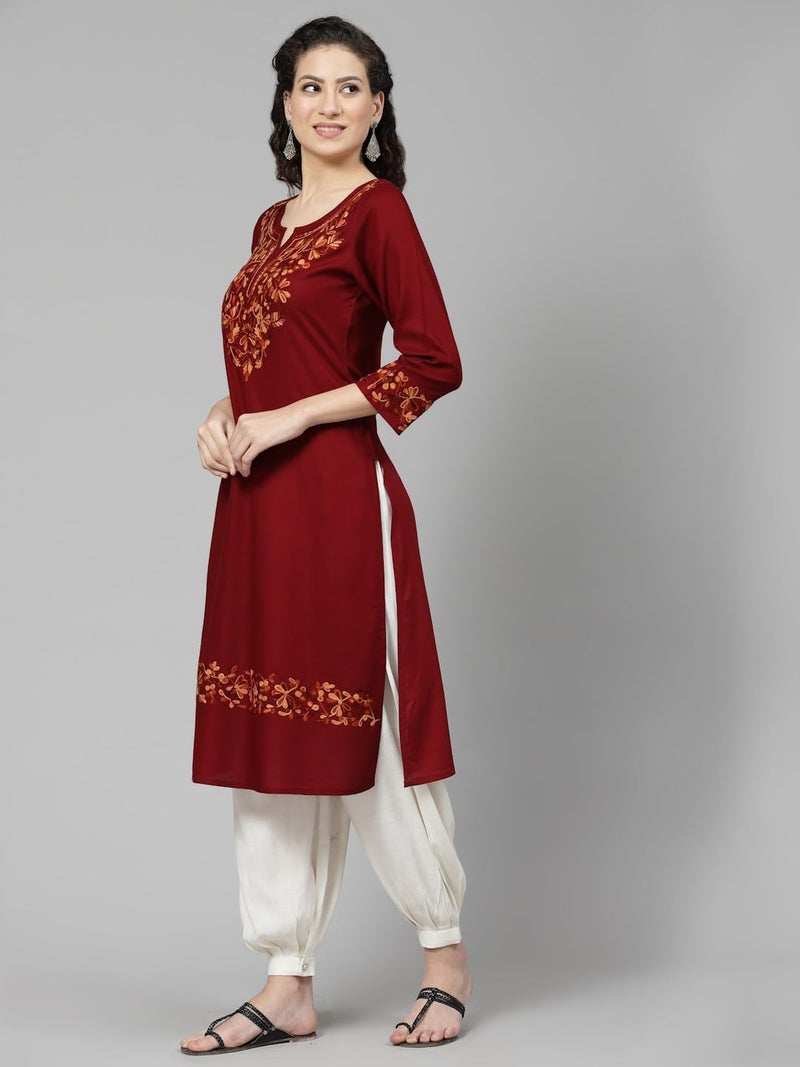 QAZMI Women's Aabidah Kashmiri A-line Viscose Rayon Kurta Maroon - Image 3