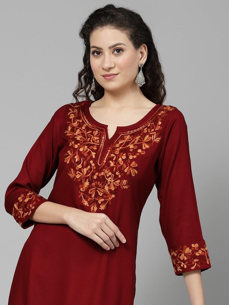 QAZMI Women's Aabidah Kashmiri A-line Viscose Rayon Kurta Maroon - Image 5
