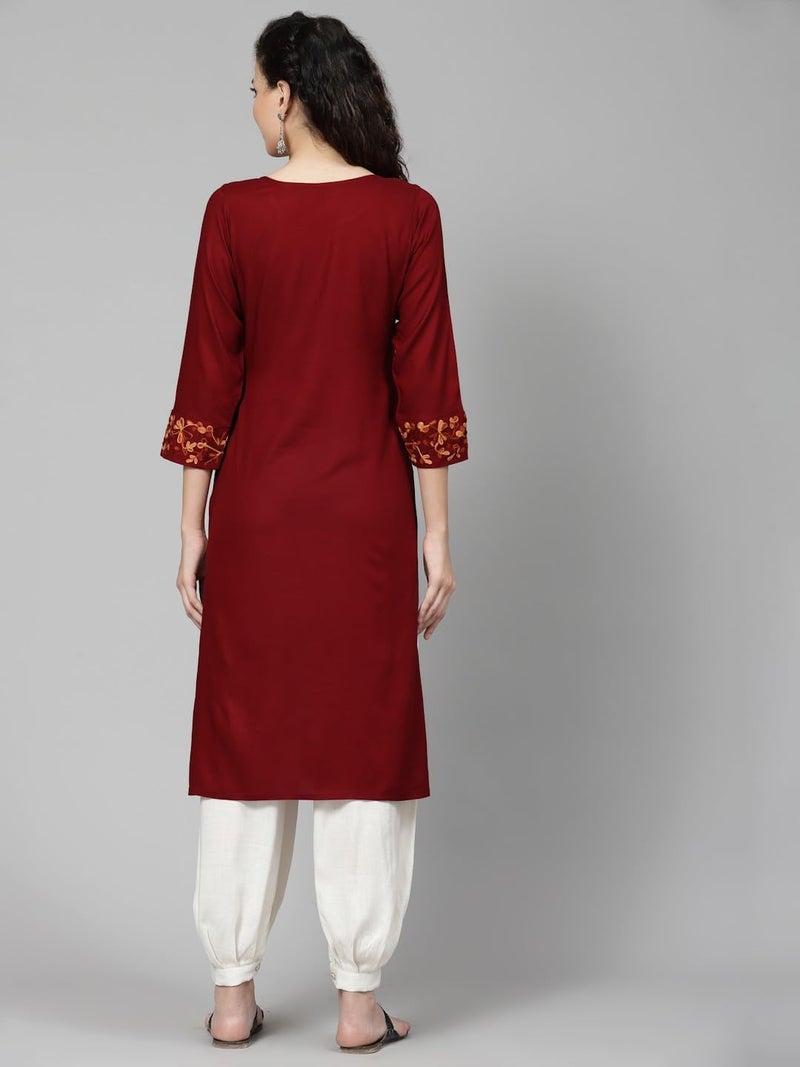QAZMI Women's Aabidah Kashmiri A-line Viscose Rayon Kurta Maroon - Image 4