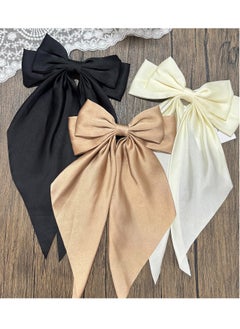 KHAJUL 3-Piece Set Silky Satin Ribbon Long Tail Bow Hair Accessories for Women Girls Gifts French Hair Clips (Beige+Khaki+Black)  - Image 3