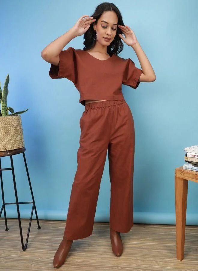 Freehand  Women Regular Fit Solid Short Sleeve Mid Rise Crop Top and Pant Co-Ord Set  | Best Price UAE