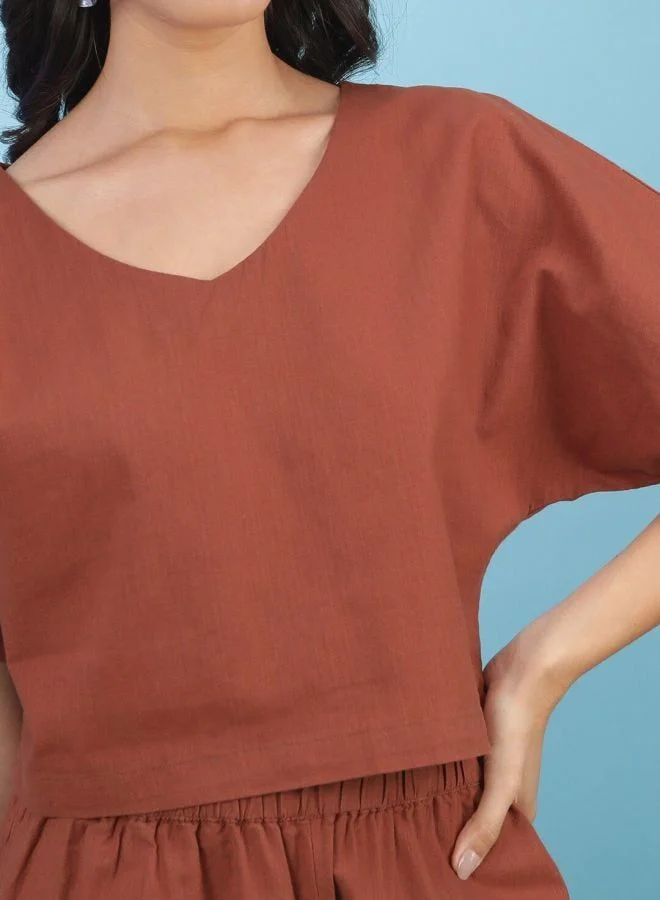 Freehand  Women Regular Fit Solid Short Sleeve Mid Rise Crop Top and Pant Co-Ord Set  | Best Price UAE
