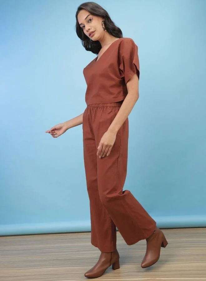 Freehand  Women Regular Fit Solid Short Sleeve Mid Rise Crop Top and Pant Co-Ord Set  | Best Price UAE