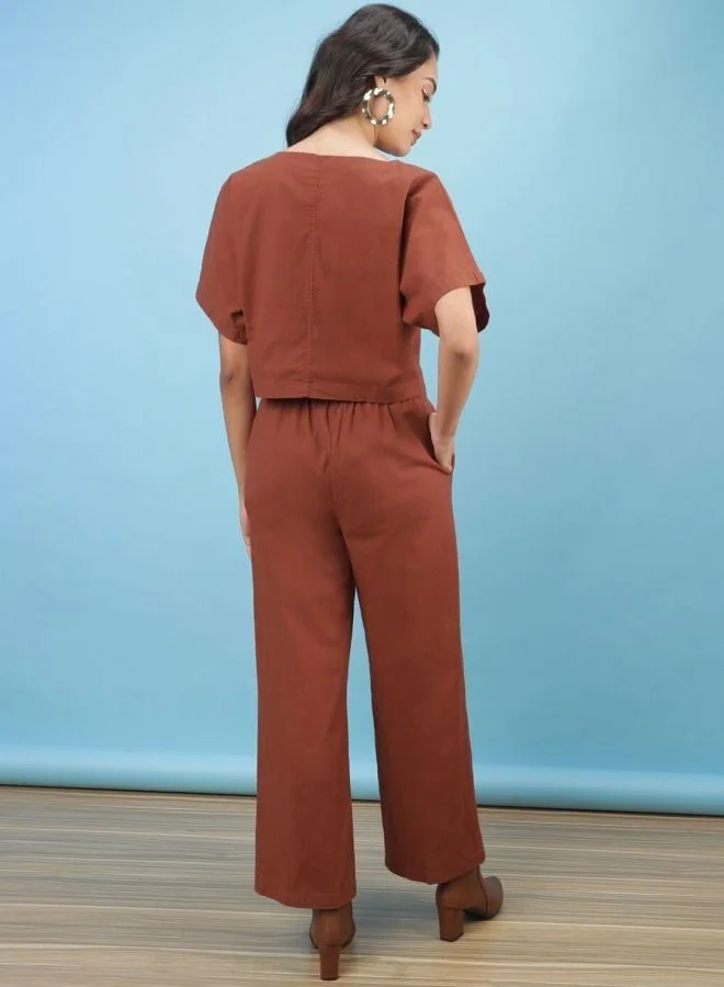 Freehand  Women Regular Fit Solid Short Sleeve Mid Rise Crop Top and Pant Co-Ord Set  | Best Price UAE