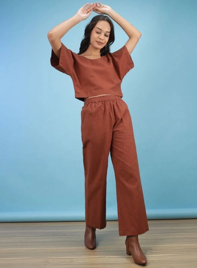Women Regular Fit Solid Short Sleeve Mid Rise Crop Top and Pant Co-Ord Set