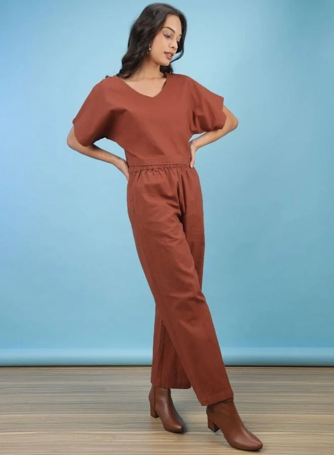Freehand  Women Regular Fit Solid Short Sleeve Mid Rise Crop Top and Pant Co-Ord Set  | Best Price UAE