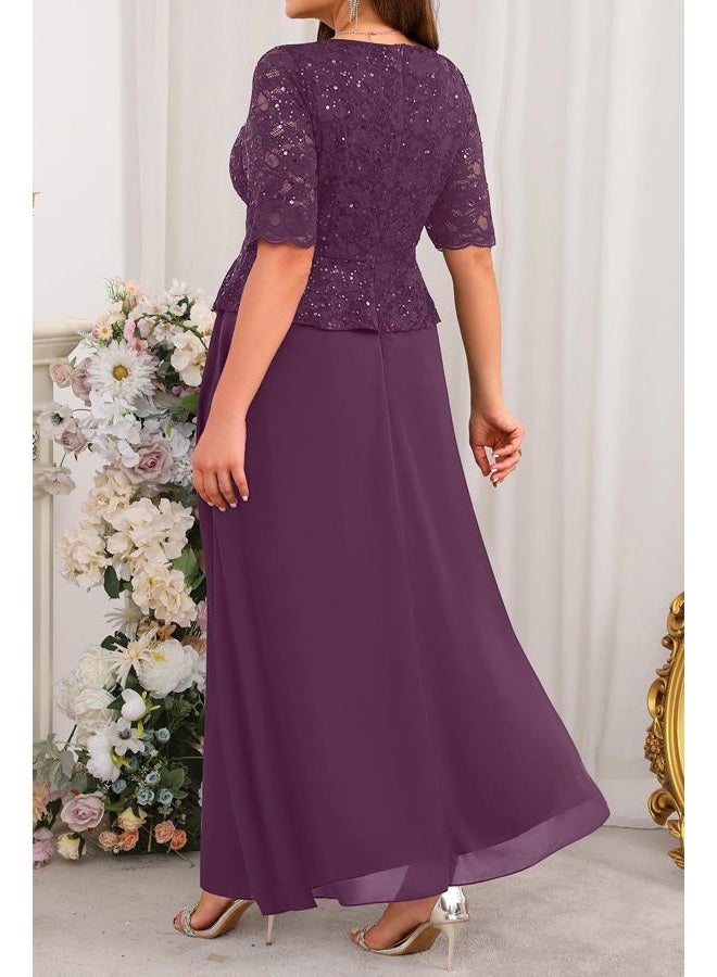 Talisea Plus Size Formal Dresses - Mother of The Bride Evening Gowns Wedding Guest Sequin Lace Bodice Long Dress Women, Dark Purple, 24 Plus - Image 3