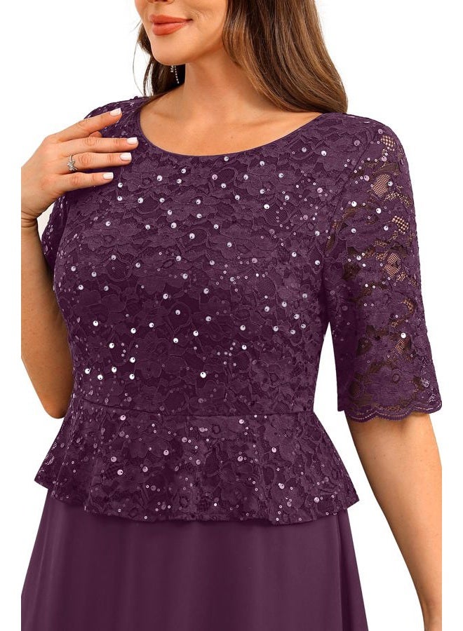 Talisea Plus Size Formal Dresses - Mother of The Bride Evening Gowns Wedding Guest Sequin Lace Bodice Long Dress Women, Dark Purple, 24 Plus - Image 5