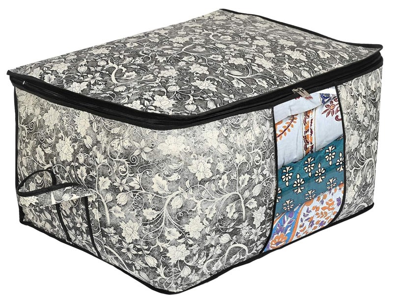Kuber Industries Metalic Flower Print Non Woven 4 Pieces Underbed Storage BagCloth OrganiserBlanket Cover with Transparent Window BlackKUBMART16603 - Image 4