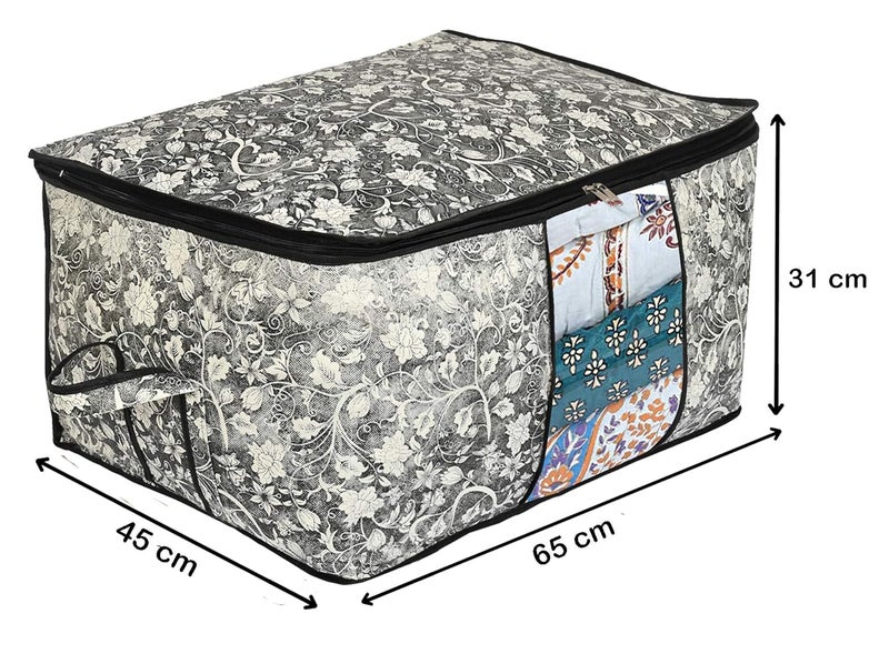Kuber Industries Metalic Flower Print Non Woven 4 Pieces Underbed Storage BagCloth OrganiserBlanket Cover with Transparent Window BlackKUBMART16603 - Image 2