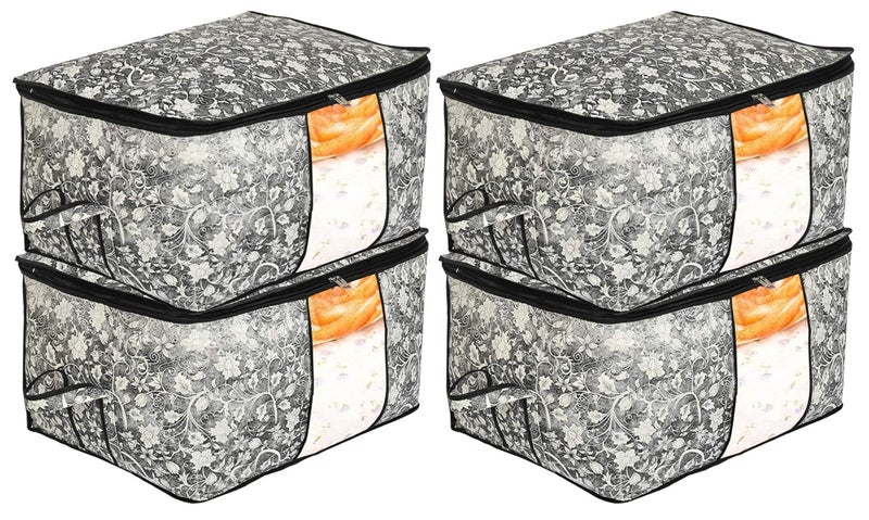 Kuber Industries Metalic Flower Print Non Woven 4 Pieces Underbed Storage BagCloth OrganiserBlanket Cover with Transparent Window BlackKUBMART16603 - Image 1