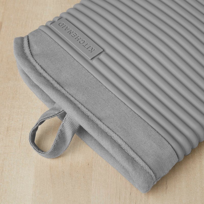 KitchenAid KitchenAid Ribbed Soft Silicone Oven Mitt Set, 7"x13", Grey 2 Count  - Image 2