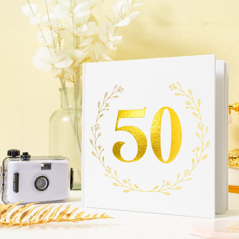 Calculs 1974 Birthday Party Guest Book for Parents Memories Keepsake 50th Anniversary Polaroid Picture Book 8.5â€ Square Gold Photo Album Blank White Pages for Instant Film - Image 4