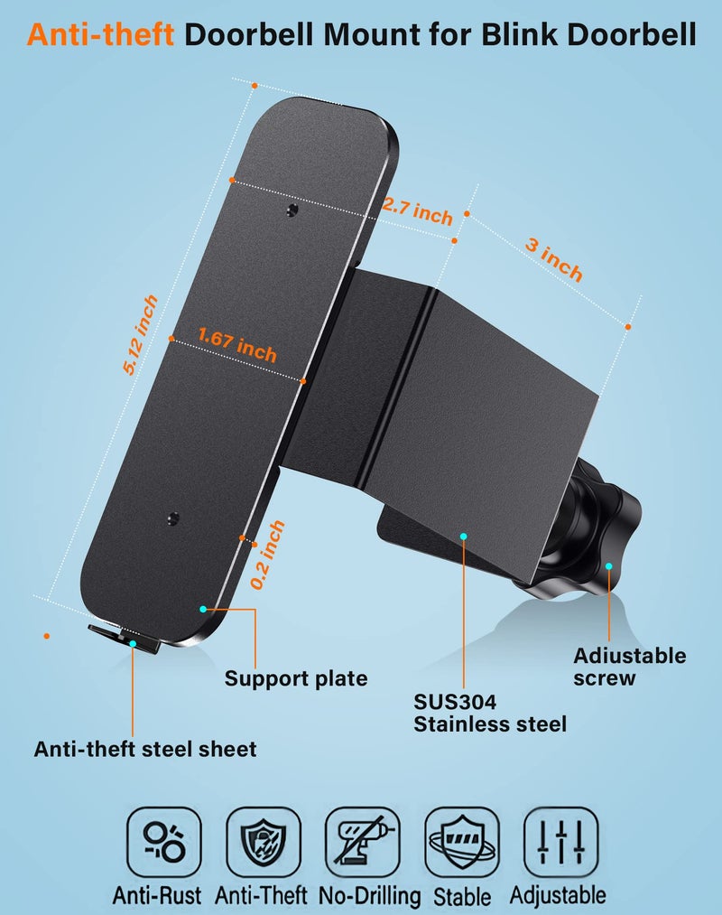 KTCEFE Anti-Theft Blink Video Doorbell Door Mount, No Drilling High Quality Stainless & Aluminum Video Camera Doorbell Mount for Apartment Renters Home Office Room - Doorbell Not Included (Black) - Image 4