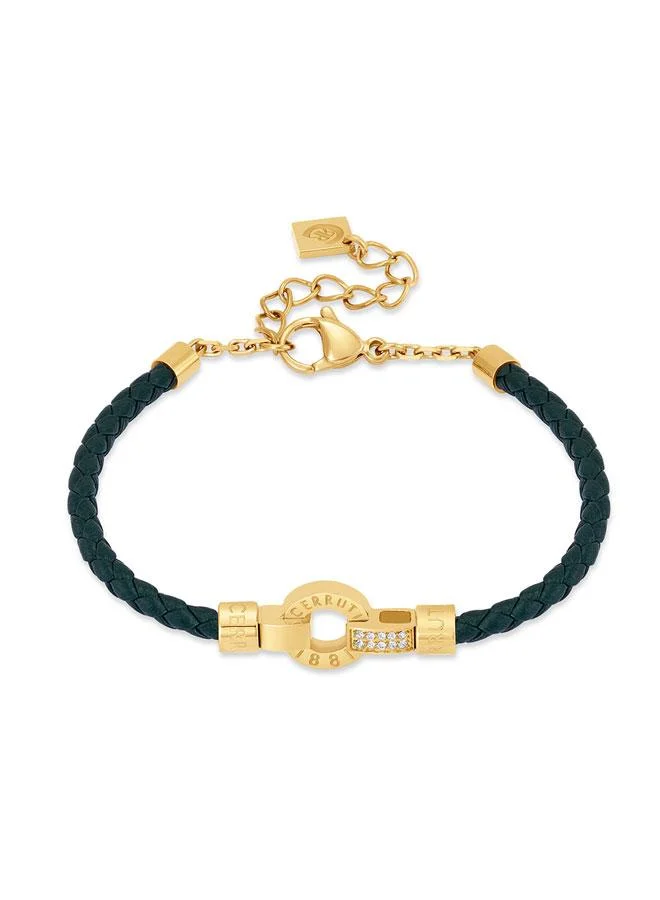 CERRUTI 1881 Sabrina Gold Plated Stainless Steel Dark Green Braided Leaher Bracelet for Women 170mm