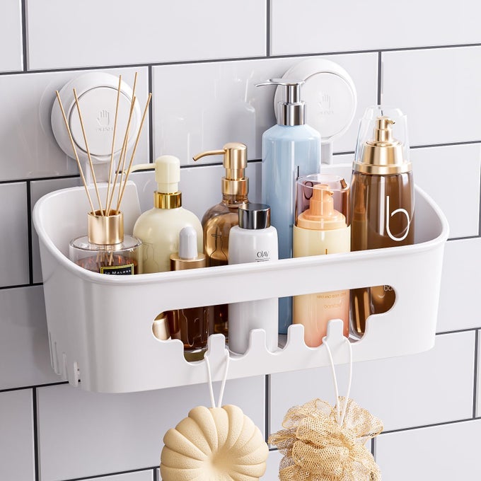 SHOWER CADDY SUCTION CUP HEAVY DUTY BATHROOM ORGANIZER REMOVABLE SHELVES FOR INSIDE SHOWER SHAMPOO WATERPROOF SUCTION PLASTIC STORAGE FOR BATHROOM ACCESSORIES HOLDER WHITE