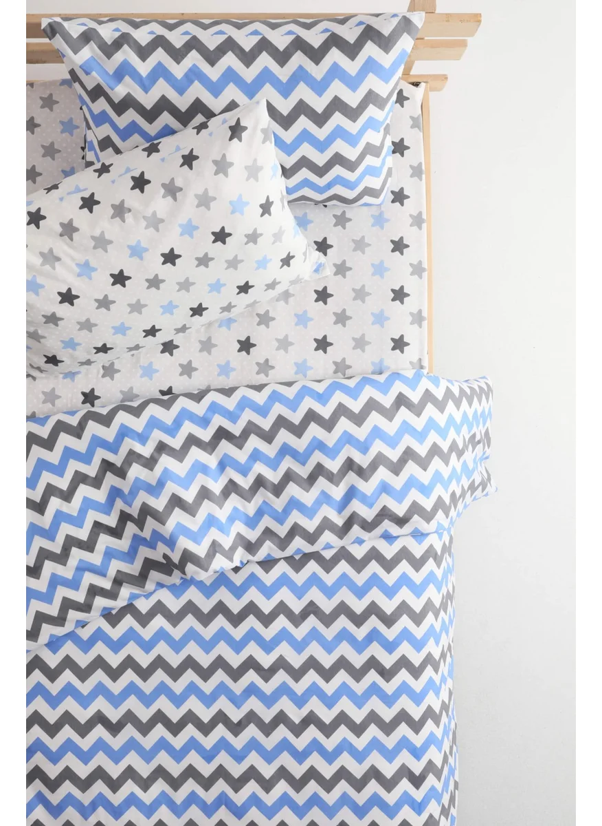 Favora Zigzag Patterned Cotton Single Duvet Cover Set with Elastic Sheets - Blue