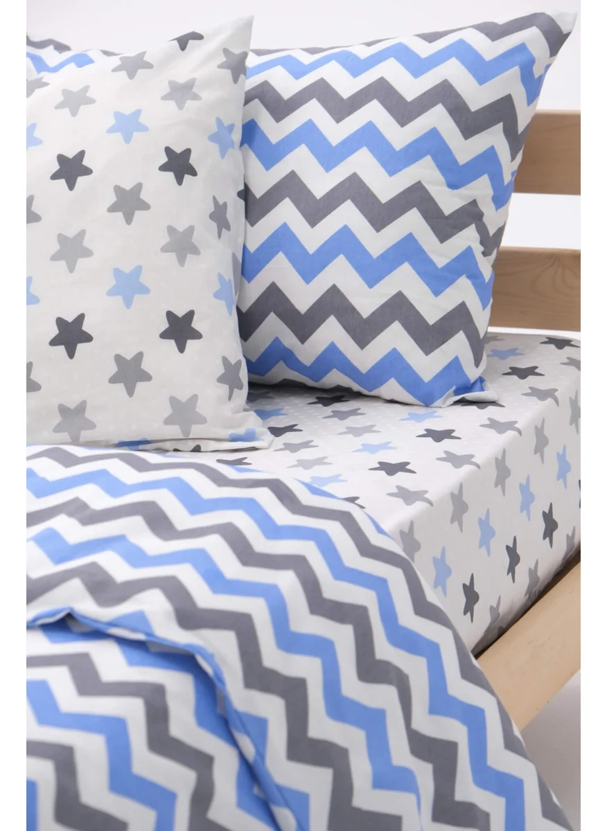 Favora Zigzag Patterned Cotton Single Duvet Cover Set with Elastic Sheets - Blue